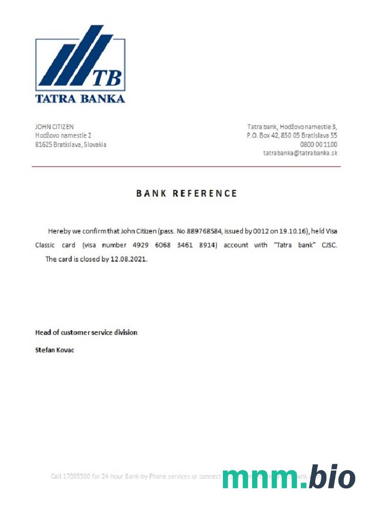 Slovakia Tatra Bank closure reference example in Word and PDF formats